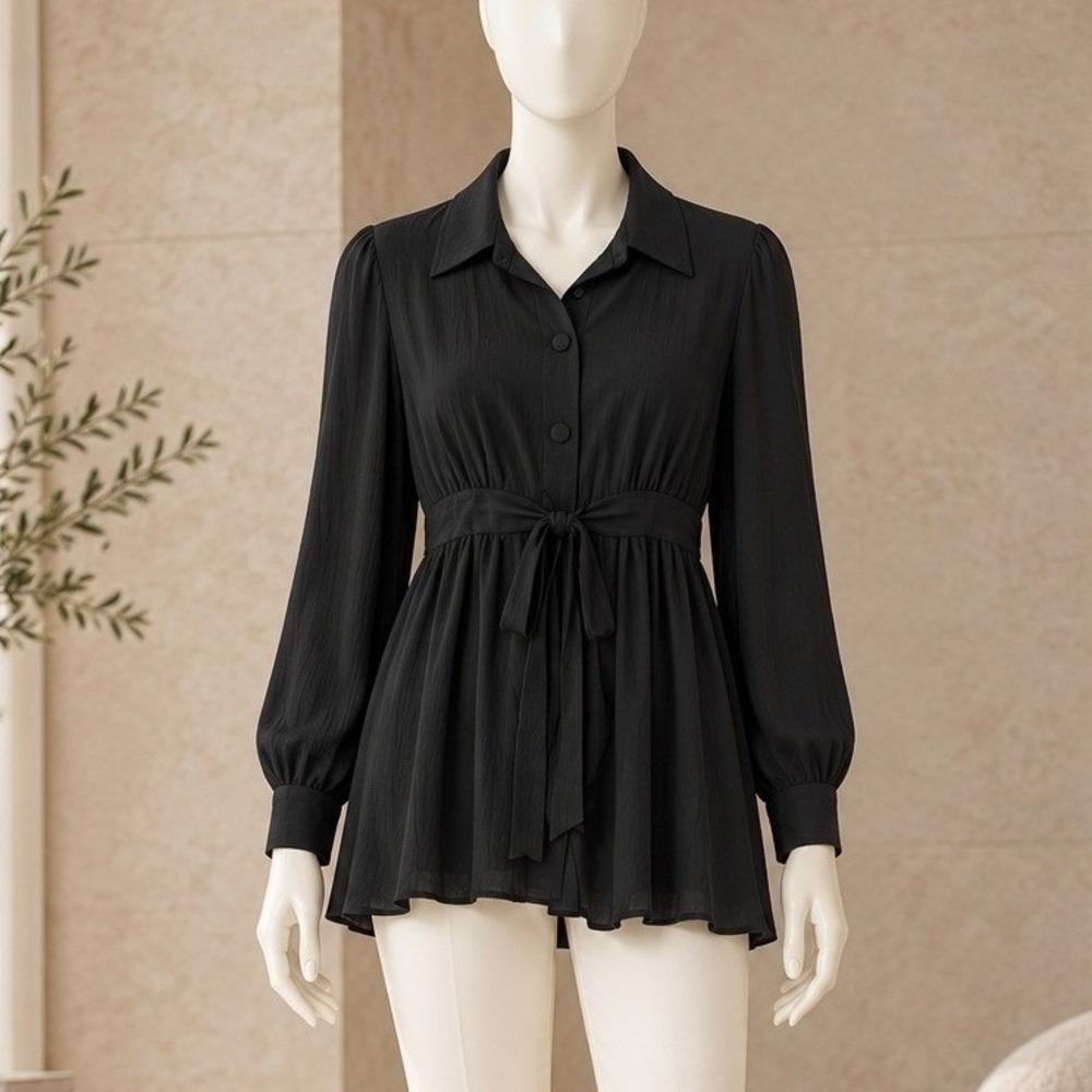 Moschino Womens Blouse Black Babydoll Tie Waist Button Front Size 9 Small